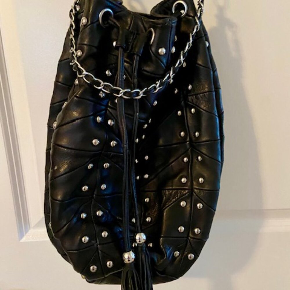 Genuine Leather Drawstring Stud Bucket Bag